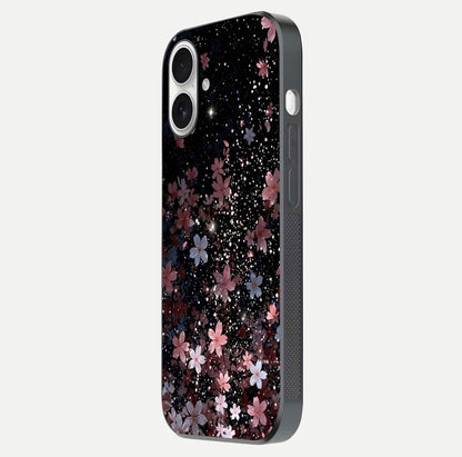 Starlit Flower Dreams Glass Case for iPhone 17 side-angle image showing shine, edge detail, and floral contrast