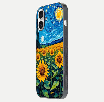 Starry Sunflower Dreams Glass Case for iPhone 17 side-angle image showing reflection, stars, and yellow tone