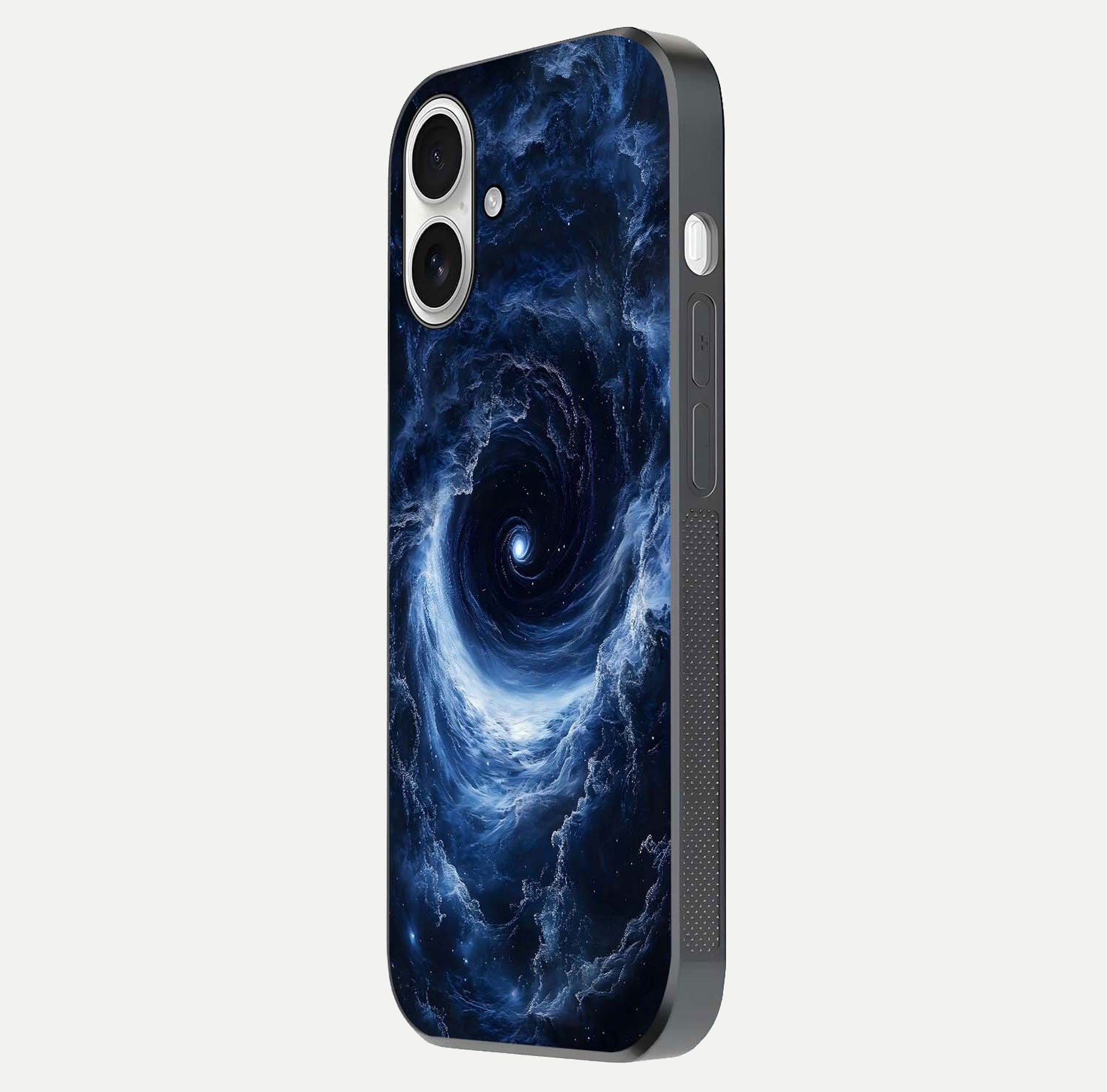 Stunning Galaxy Glass Case for iPhone 17 side-angle image showing glossy reflection and space detailing