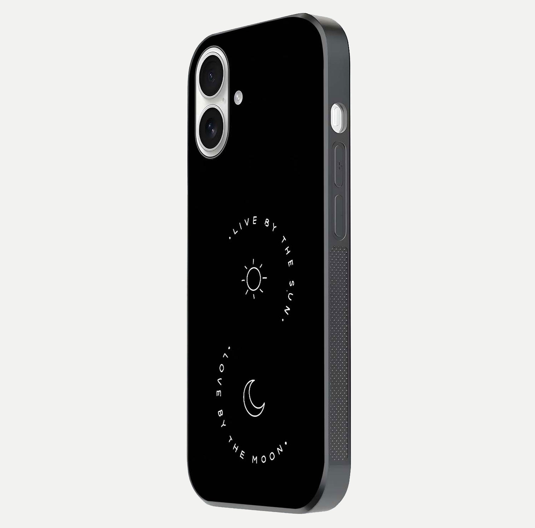 Sun Moon Balance Glass Case for iPhone 17 side-angle image showing reflection and celestial detailing