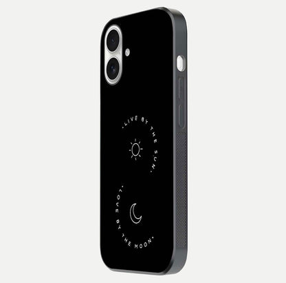 Sun Moon Balance Glass Case for iPhone 17 side-angle image showing reflection and celestial detailing