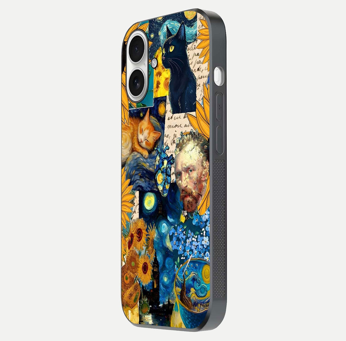 Sunflower Cat Art Glass Case for iPhone 17 side-angle image showing shine, edges, and sunflower texture