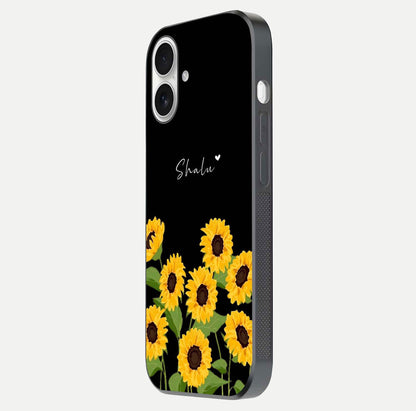 Sunflower Chic Mood Custom Name Glass Case for iPhone 17 side-angle image showing reflection and yellow floral tone