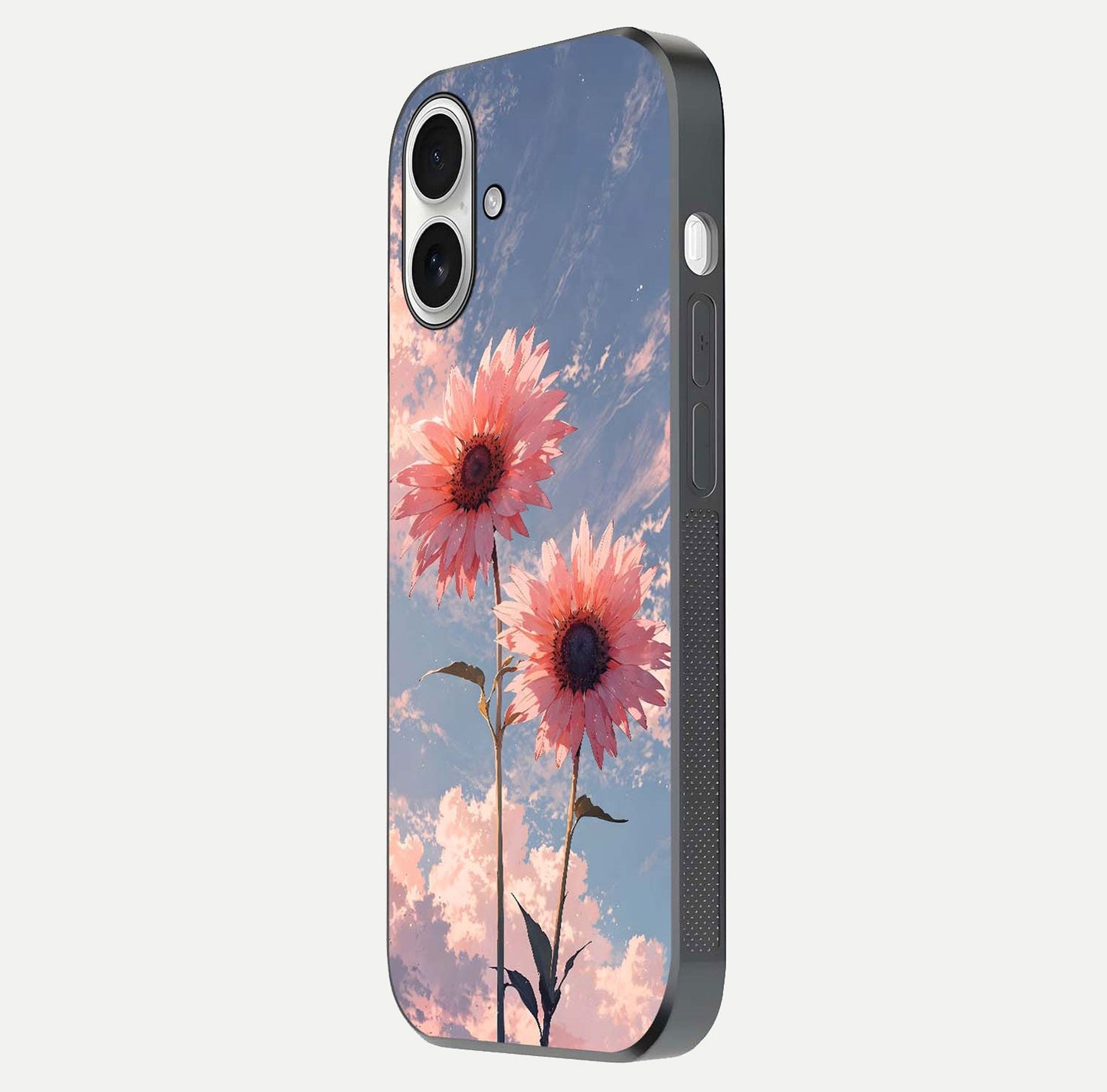 Sunlit Daisy Glow Glass Case for iPhone 17 side-angle image showing shine, gloss, and floral highlight