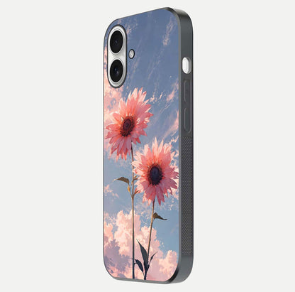 Sunlit Daisy Glow Glass Case for iPhone 17 side-angle image showing shine, gloss, and floral highlight