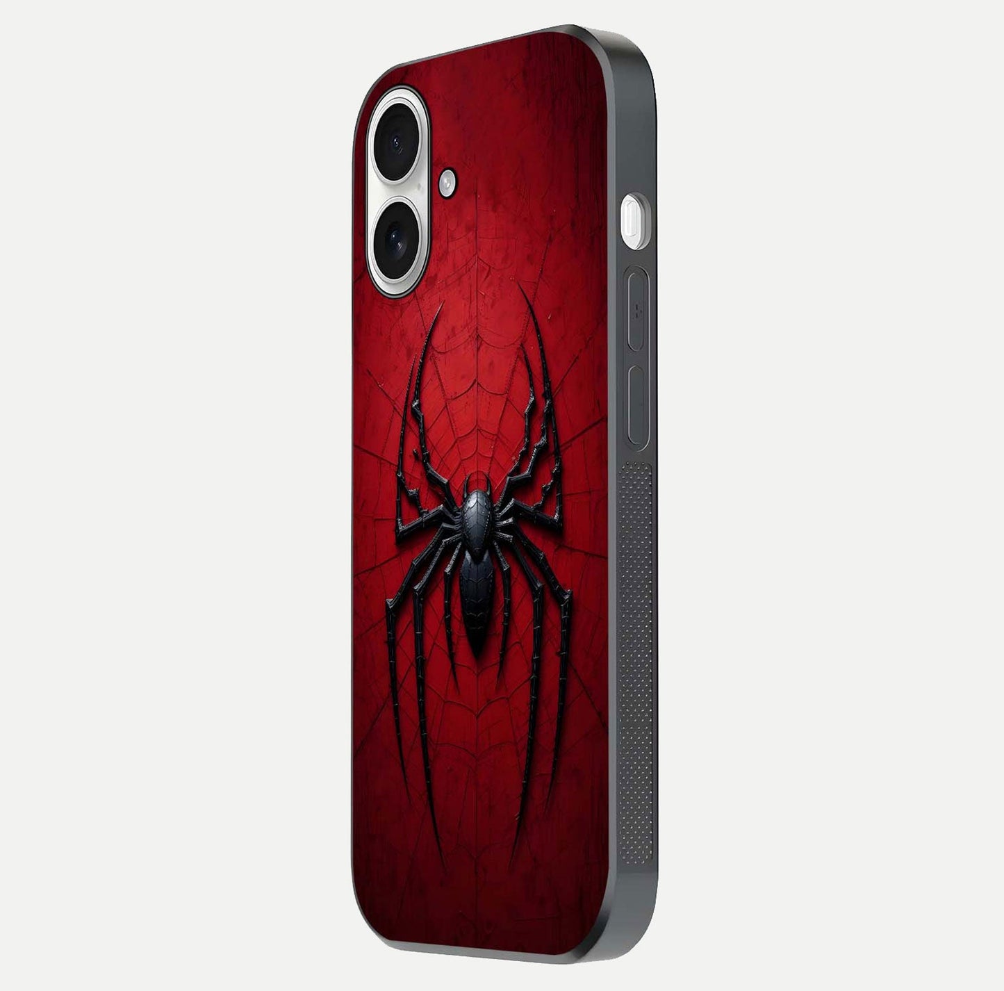 Venom Web Emblem Glass Case for iPhone 17 side-angle image showing reflection and dark color tones