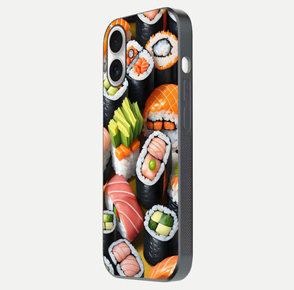 Sushi Food Pattern Glass Case for iPhone 17 side-angle image showing shine, gloss, and sushi artwork