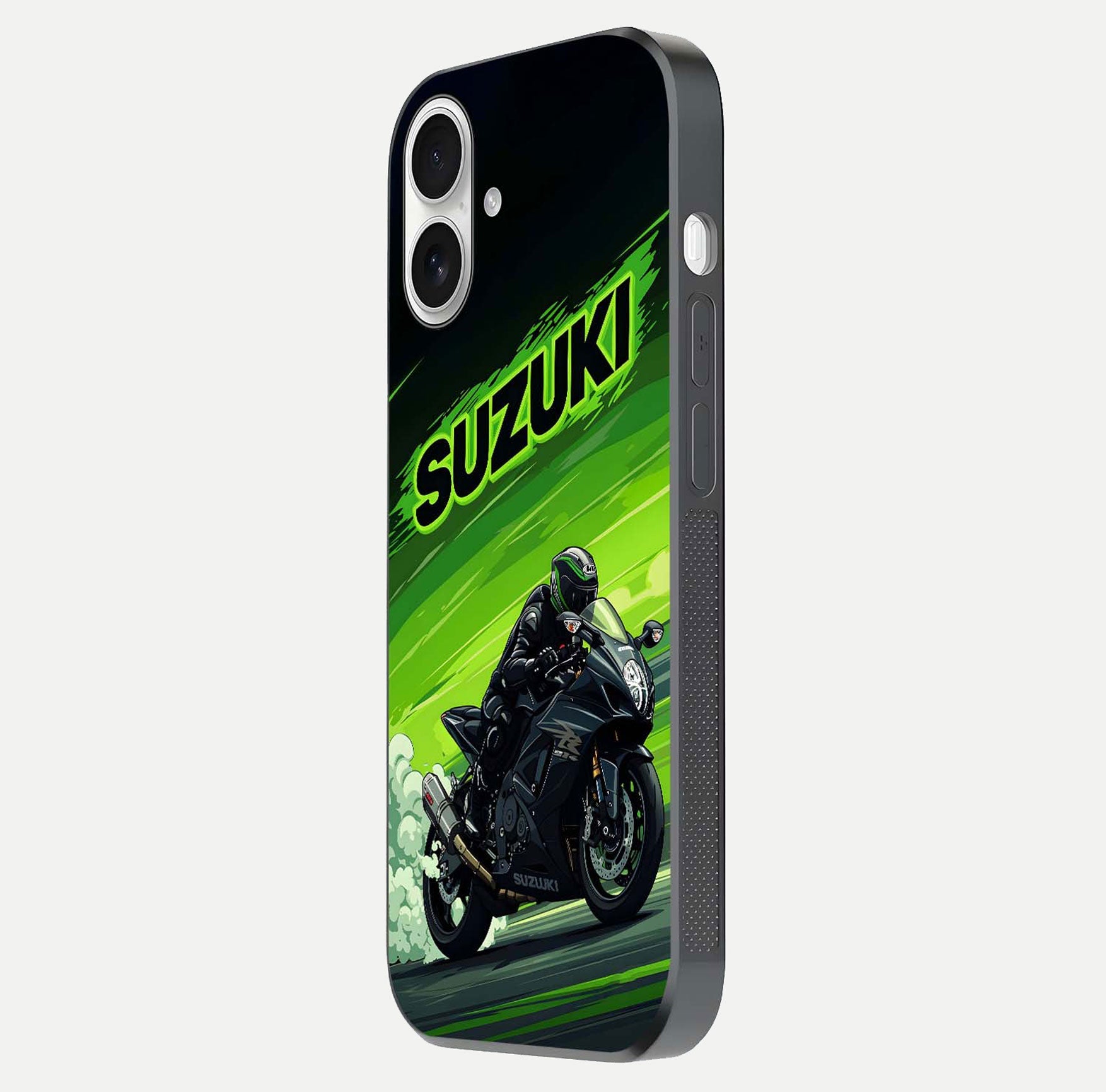 Suzuki Speed Beast Glass Case for iPhone 17 side-angle image showing reflection, gloss, and car detailing