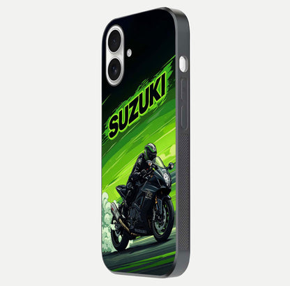 Suzuki Speed Beast Glass Case for iPhone 17 side-angle image showing reflection, gloss, and car detailing