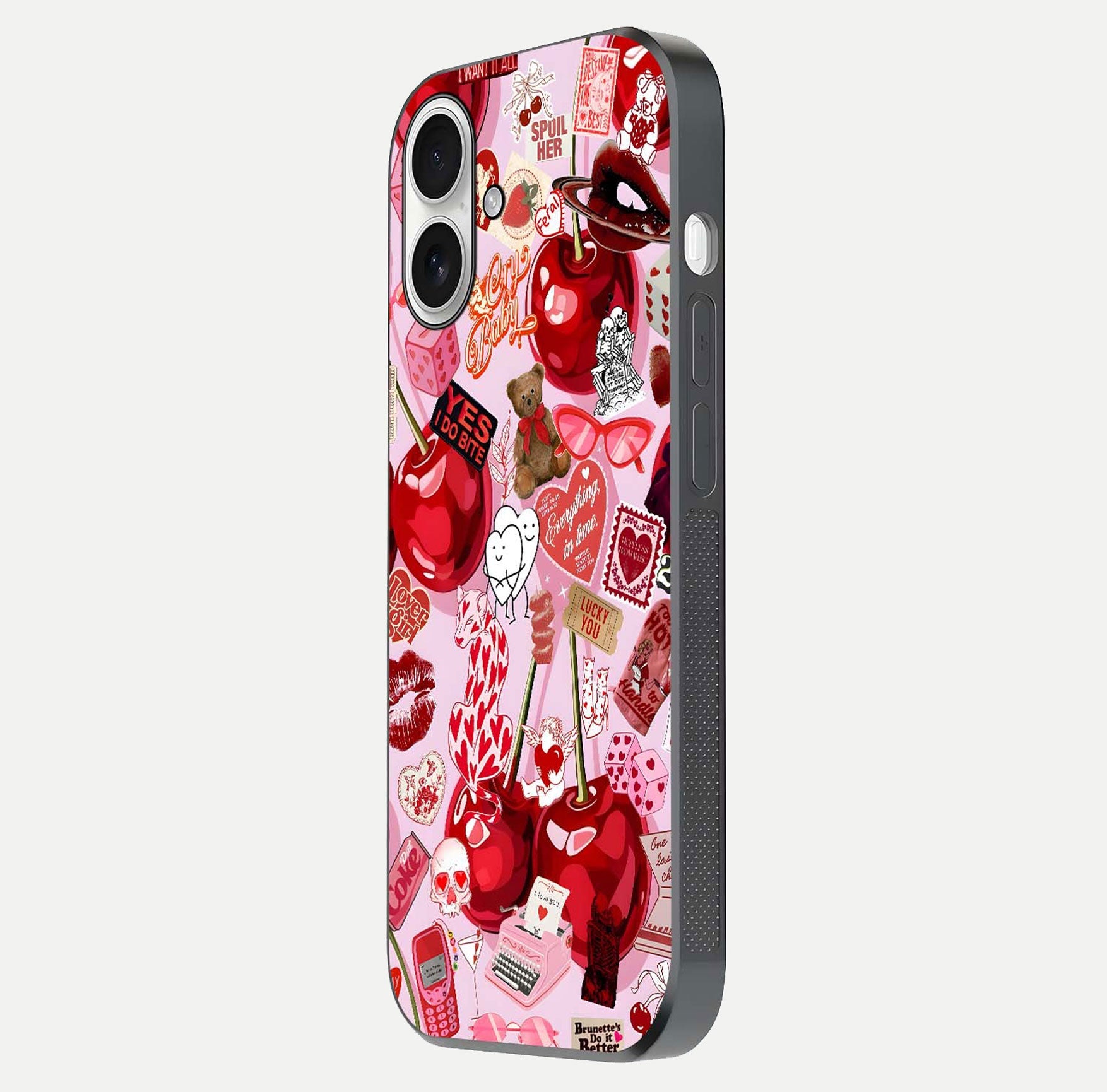 Sweet Cherry Chaos Glass Case for iPhone 17 side-angle image showing shine, gloss, and cherry details