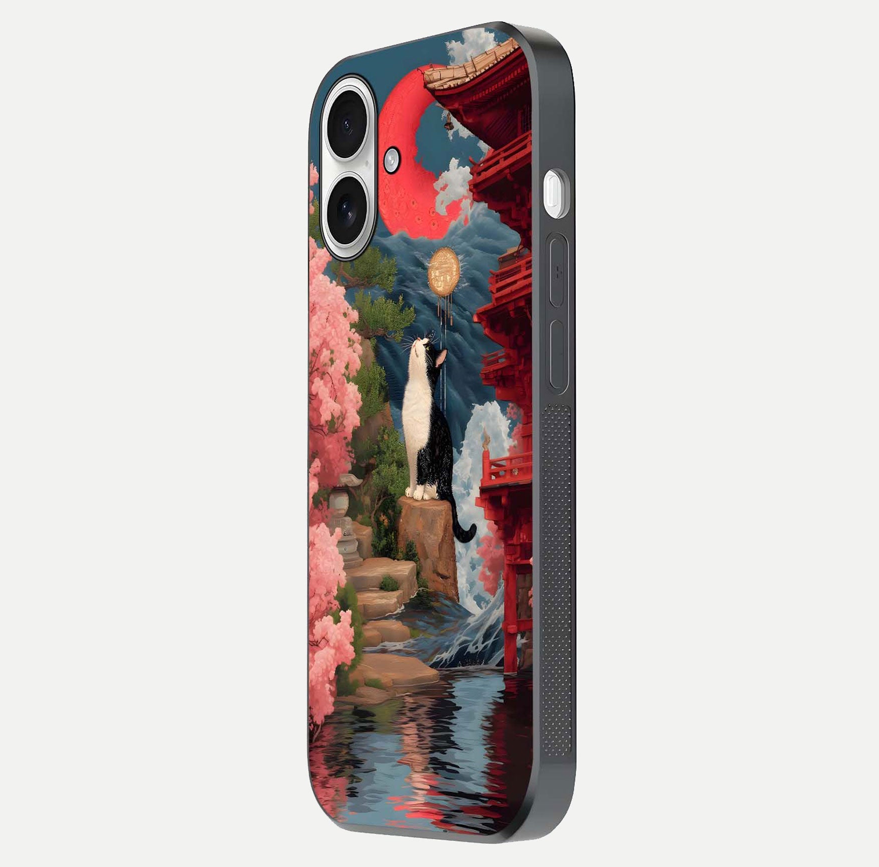 Temple Cat Scenery Glass Case for iPhone 17 side-angle image showing shine and printed temple pattern