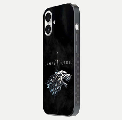 Throne Wolf Legacy Glass Case for iPhone 17 side-angle image showing gloss, texture, and HD print