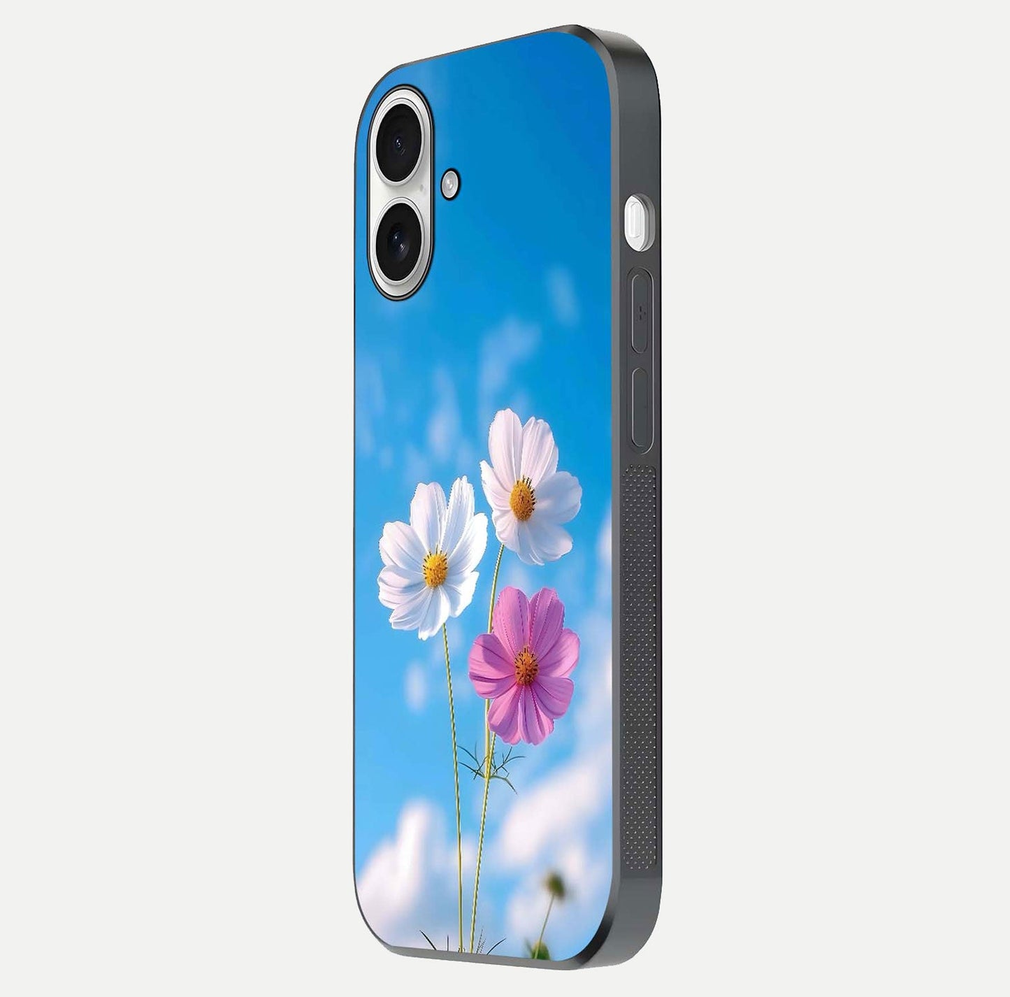 Triple Flowers With Sky Glass Case for iPhone 17 side-angle image showing gloss, texture, and floral design