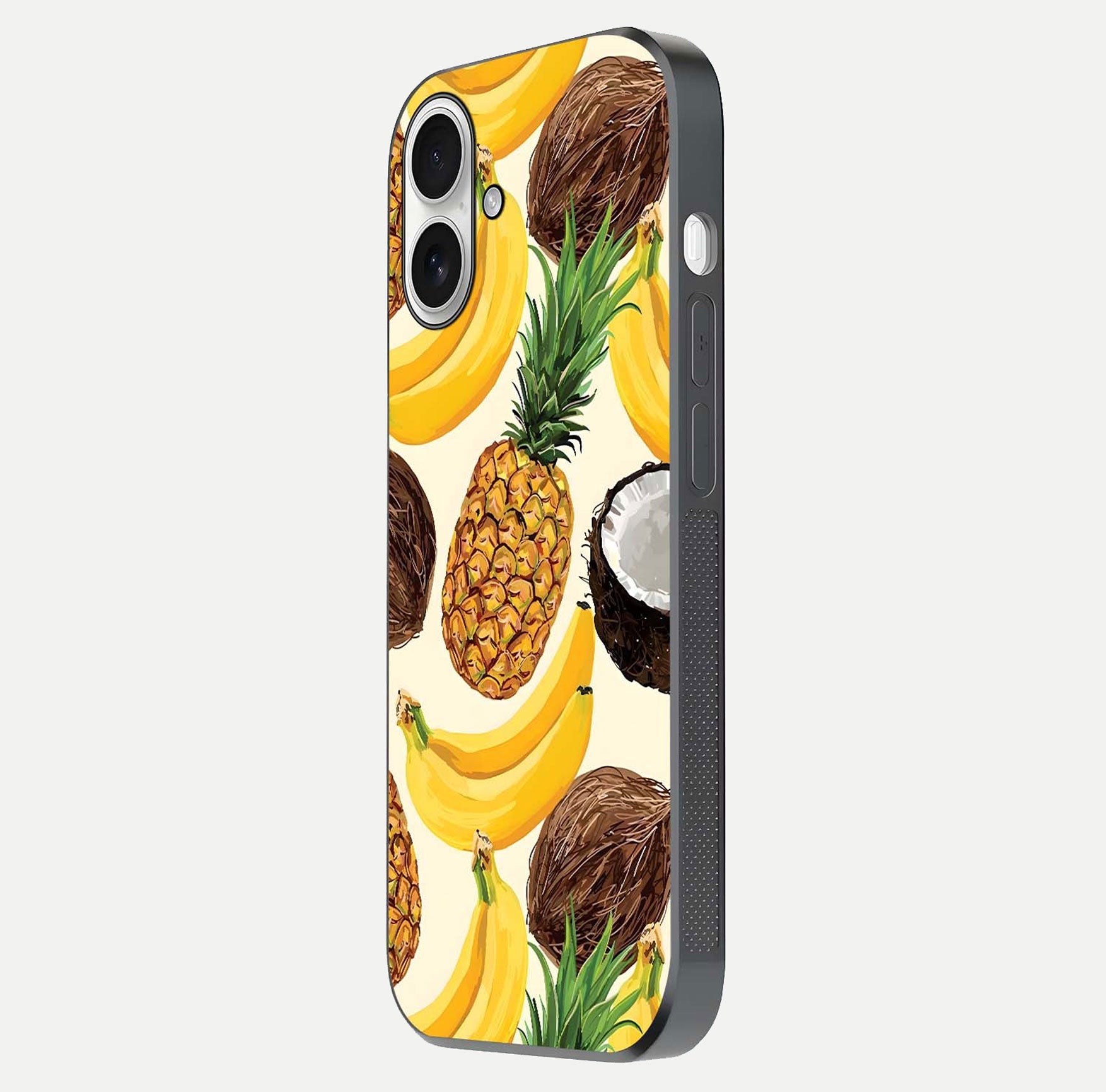 Tropical Fruit Mood Glass Case for iPhone 17 side-angle image showing reflection, gloss, and fruit details