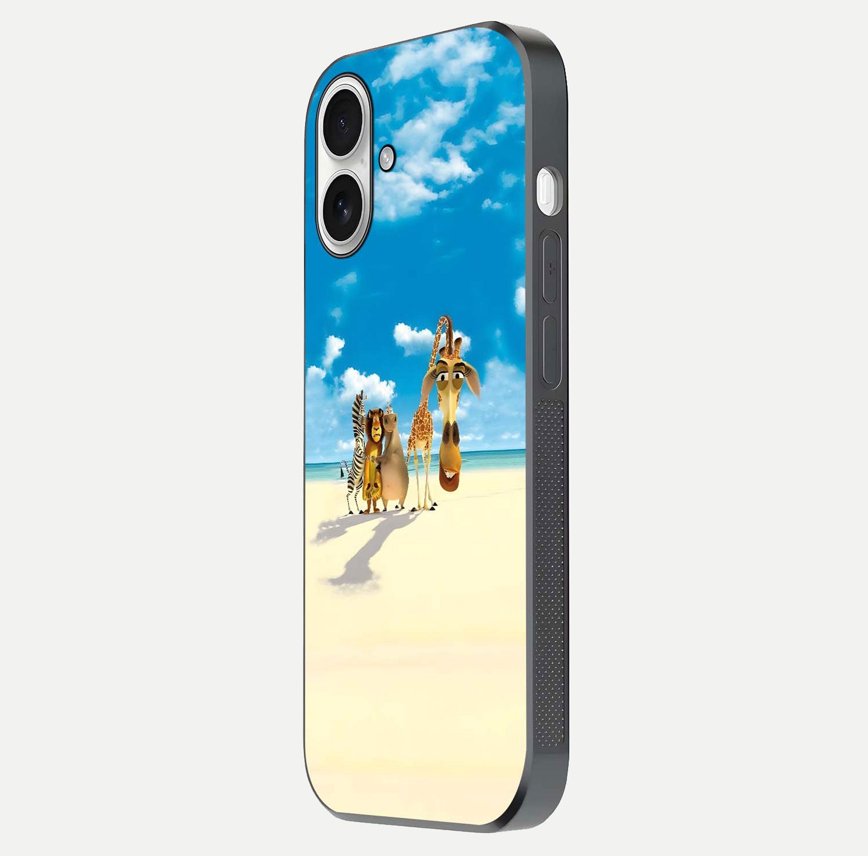 Tropical Fun Squad Glass Case for iPhone 17 side-angle image showing shine, color depth, and surface gloss