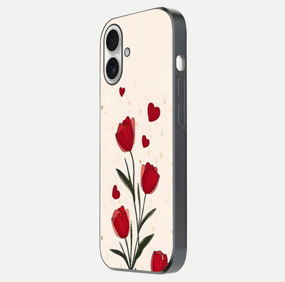 Tulip With Heart Glass Case for iPhone 17 side-angle image showing floral reflection and subtle gradient