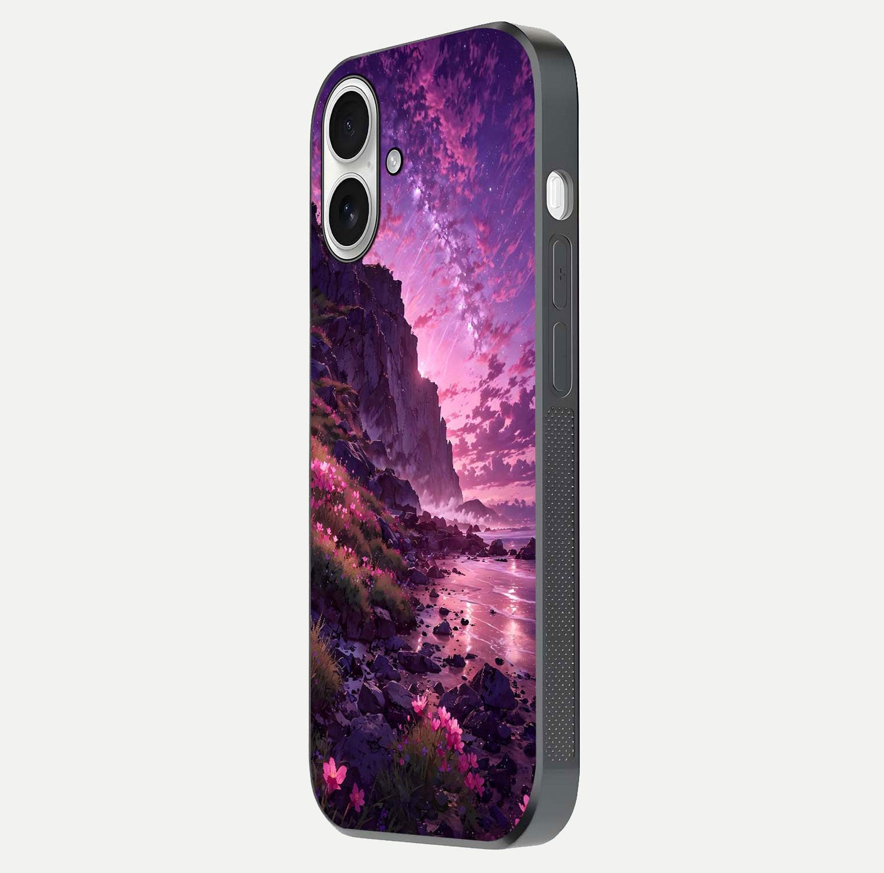 Twilight Blossom Coast Glass Case for iPhone 17 side-angle image showing shine, reflection, and petal tone