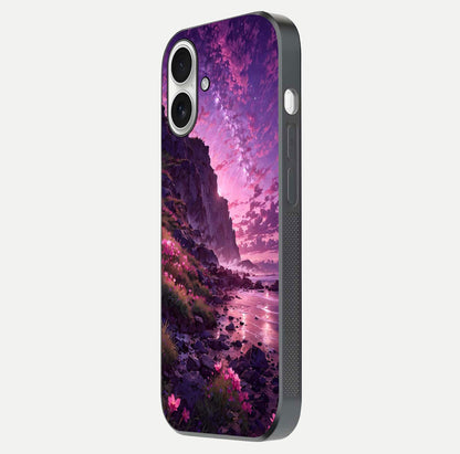 Twilight Blossom Coast Glass Case for iPhone 17 side-angle image showing shine, reflection, and petal tone