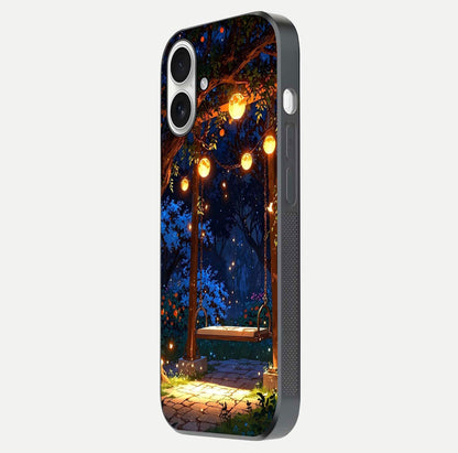 Twilight Garden Swing Glass Case for iPhone 17 side-angle image showing reflection, gloss, and scenic depth