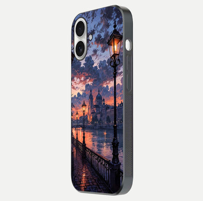 Twilight River Lights Glass Case for iPhone 17 side-angle image showing reflections, lighting, and gradient tones