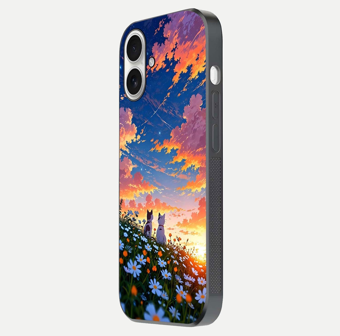 Two Cats Friends Glass Case for iPhone 17 side-angle image showing reflection, gloss, and color depth