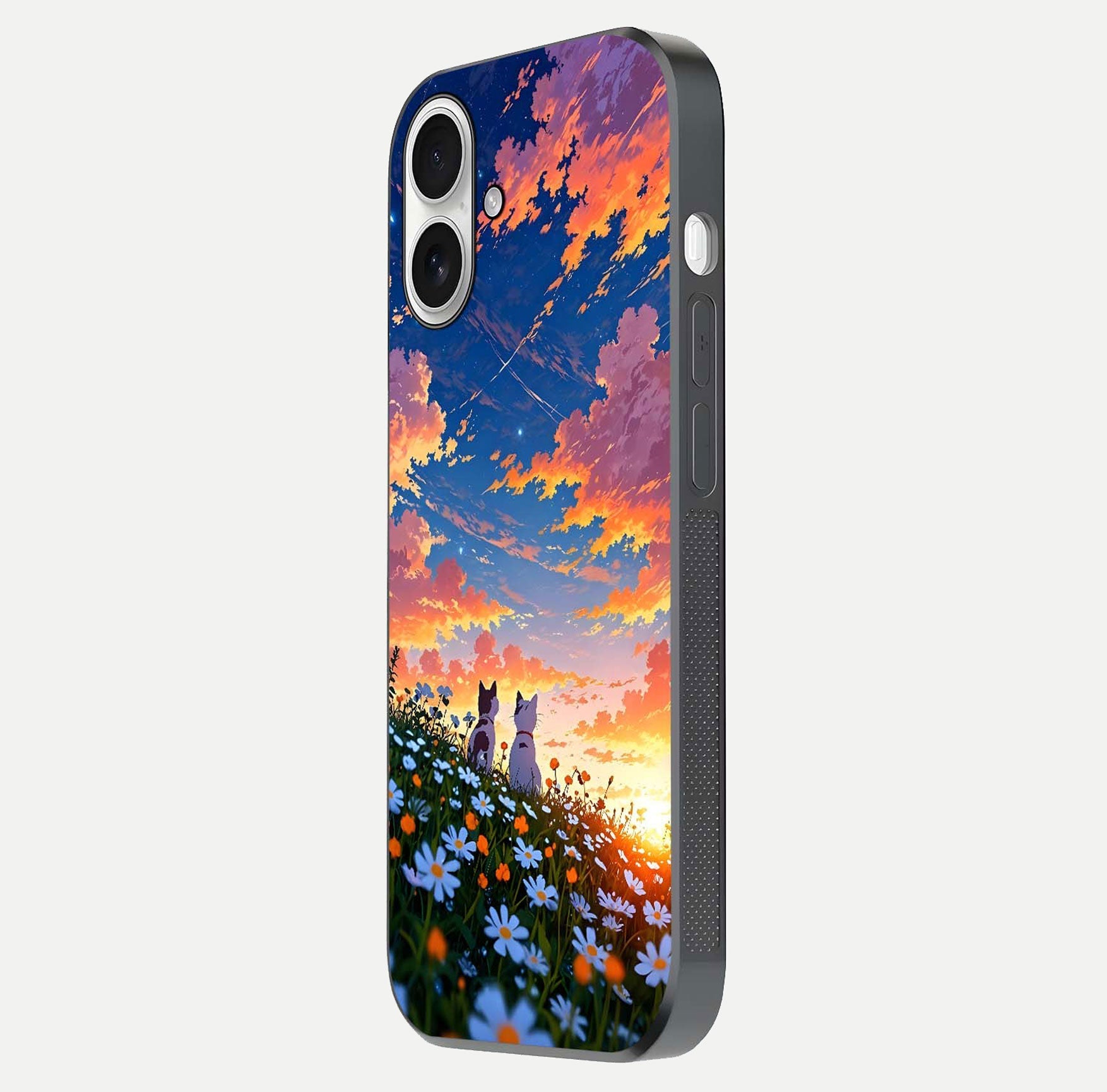Two Cats Friends Glass Case for iPhone 17 side-angle image showing reflection, gloss, and color depth