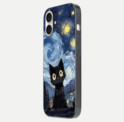 Van Gogh Cat Glass Case for iPhone 17 side-angle image showing light reflection and vivid artwork