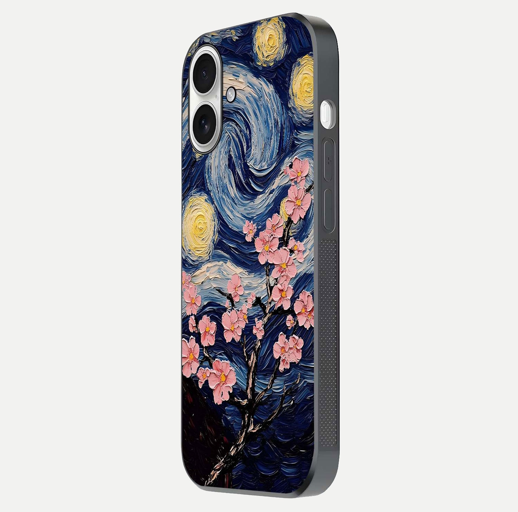 Van Gogh Scenery Glass Case for iPhone 17 side-angle image showing shine, gloss, and scenic color palette