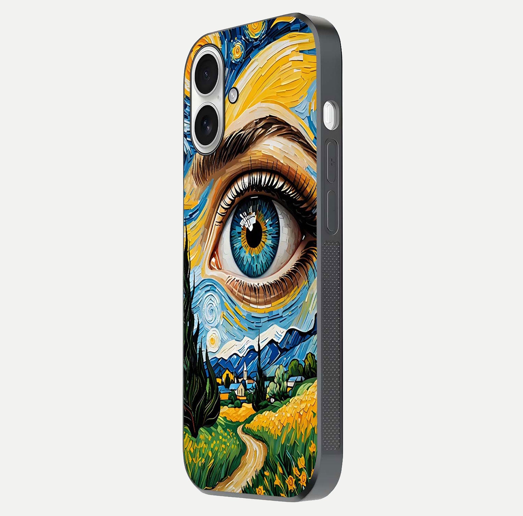 Van Gogh Eye Glass Case for iPhone 17 side-angle image showing reflection, gloss, and artistic contrast