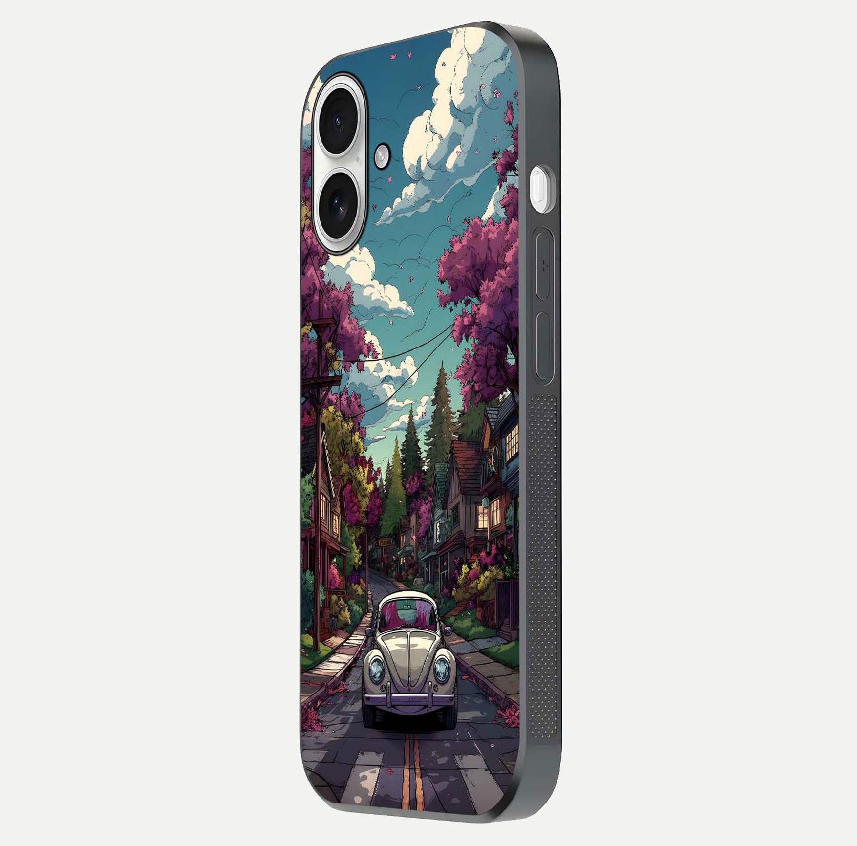 Vintage Street Drive Glass Case for iPhone 17 side-angle image showing gloss reflection and design detail