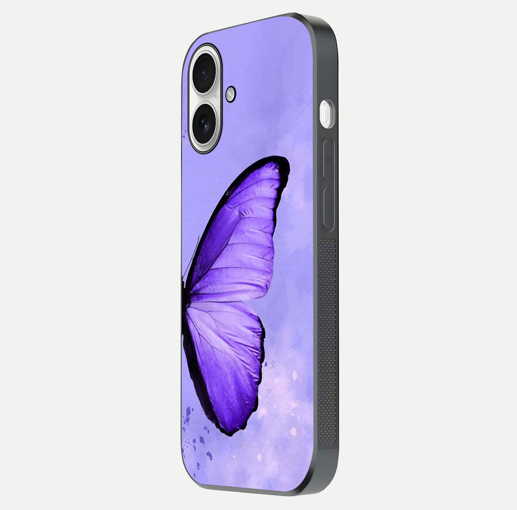 Violet Dream Wing Glass Case for iPhone 17 side-angle image showing gloss, shine, and violet gradient