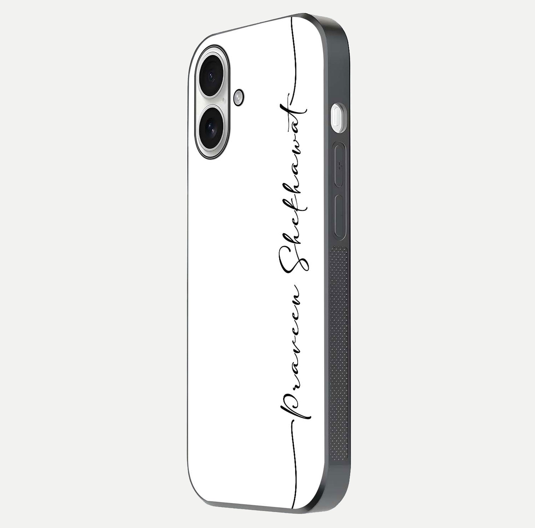 White Tune Custom Name Glass Case for iPhone 17 side-angle image showing shine, gloss, and minimal tone
