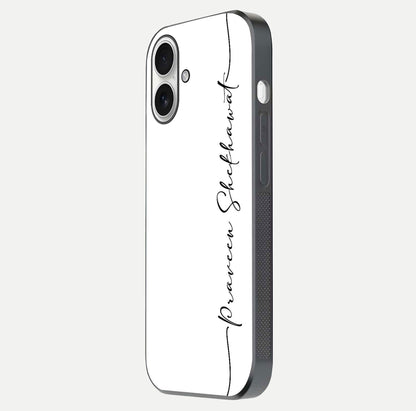White Tune Custom Name Glass Case for iPhone 17 side-angle image showing shine, gloss, and minimal tone