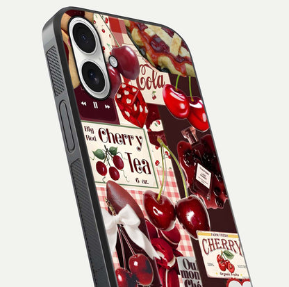 Aesthetic Cherry Tea Glass Case for iPhone 17 close-up angled shot showing detailed cherry artwork, red tones, and gloss reflection