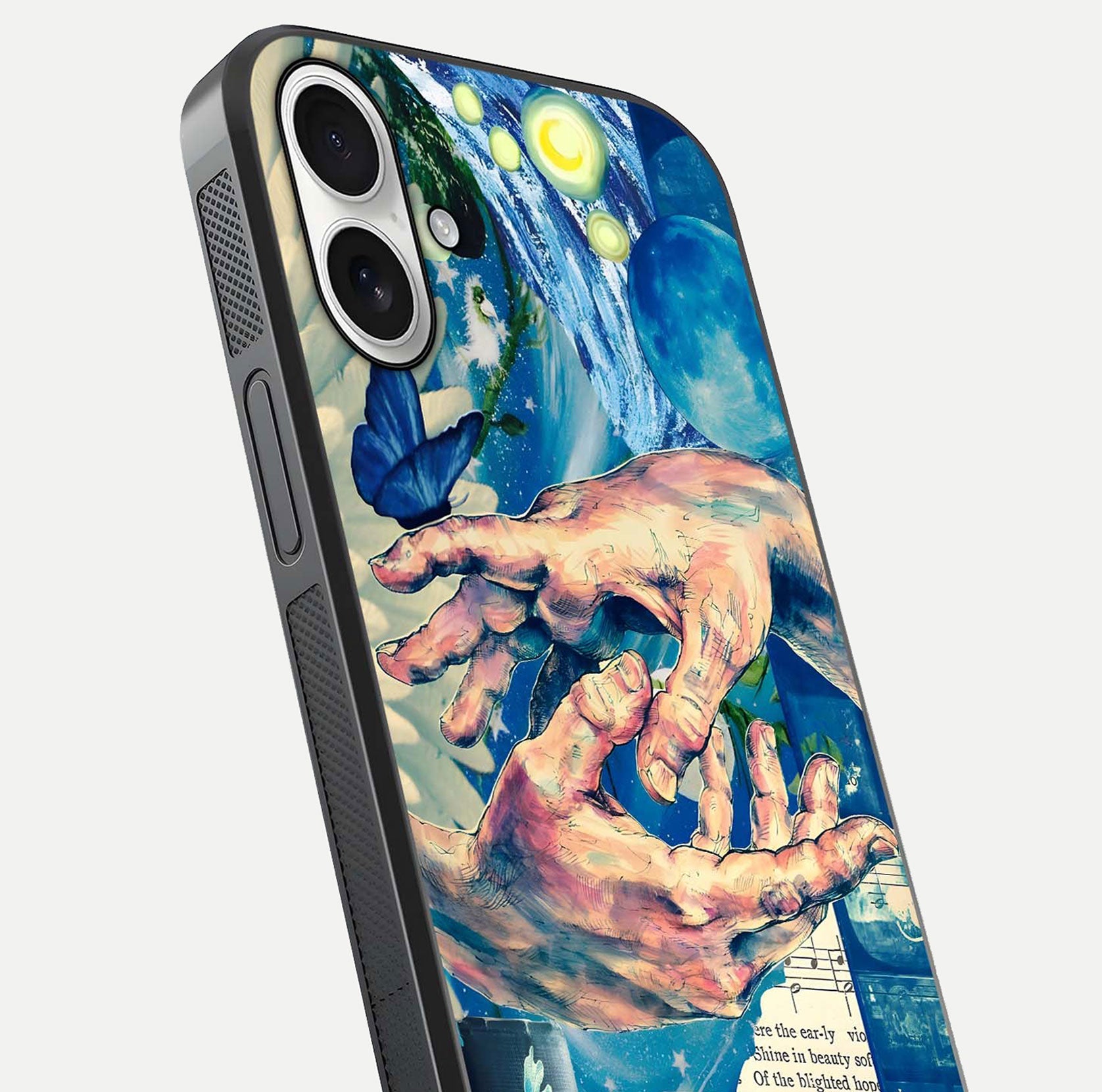 Aesthetic Divider Glass Case for iPhone 17 close-up angled shot showing detailed divider artwork and gloss reflection