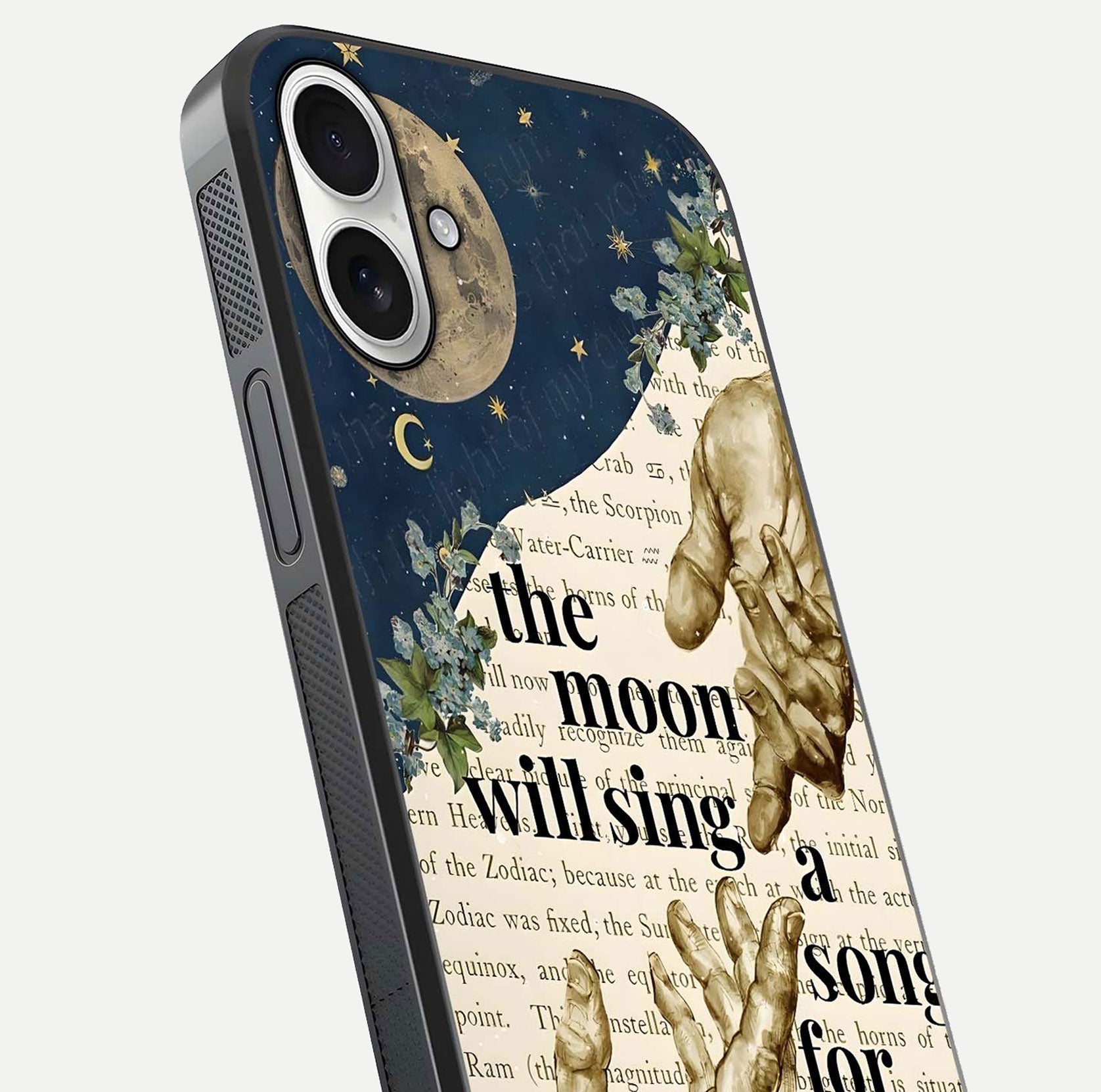 Aesthetic Divine Glass Case for iPhone 17 close-up angled shot showing detailed divine artwork and gloss reflection