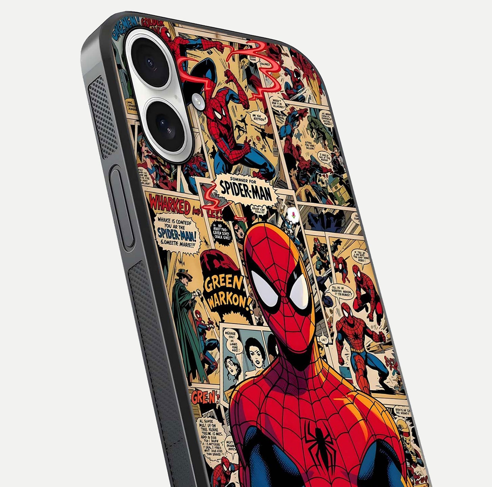 Aesthetic Spider Man Glass Case for iPhone 17 close-up angled shot showing detailed Spider-Man artwork and gloss reflection