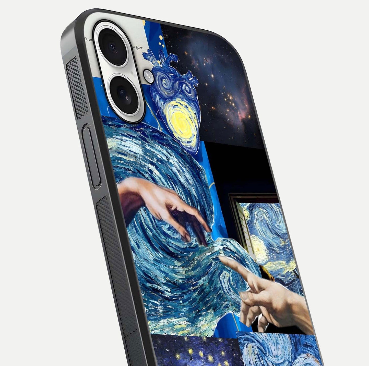 Aesthetic Vando Hands Glass Case for iPhone 17 close-up angle showing fine detailing of hand artwork and glass reflection