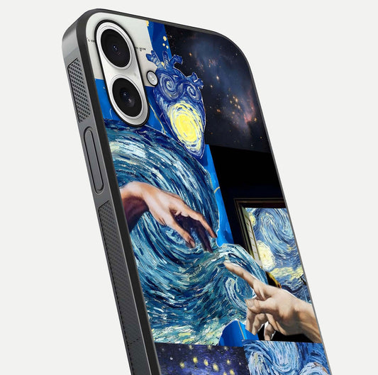 Aesthetic Vando Hands Glass Case for iPhone 17 close-up angle showing fine detailing of hand artwork and glass reflection