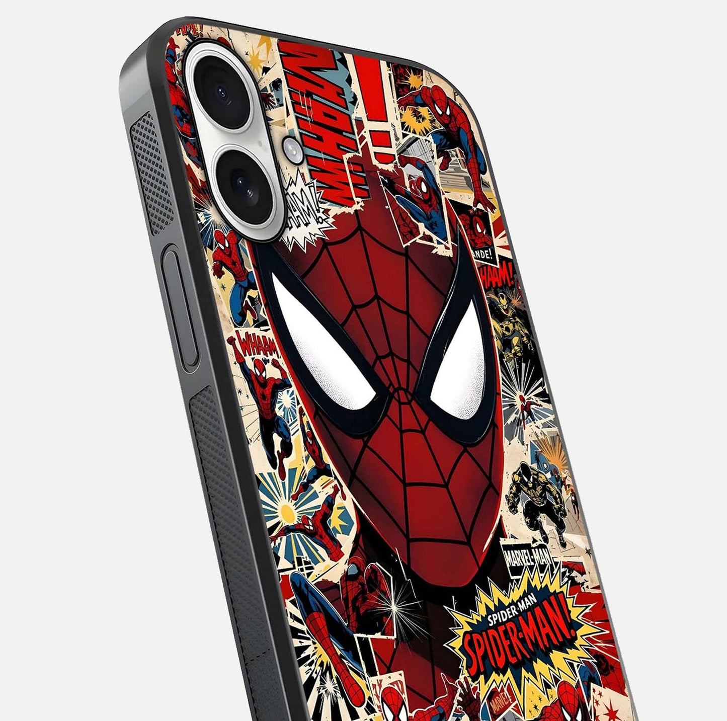 Aesthetic Wonder Spider Glass Case for iPhone 17 angled close-up highlighting spider web detail and vibrant color gloss