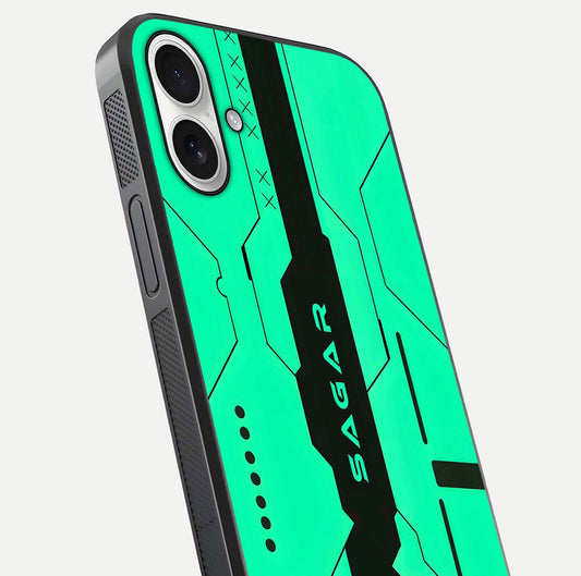 Aqua Tech CYBERPUNK Custom Name Glass Case for iPhone 17 close-up angle showing futuristic blue lights and reflections