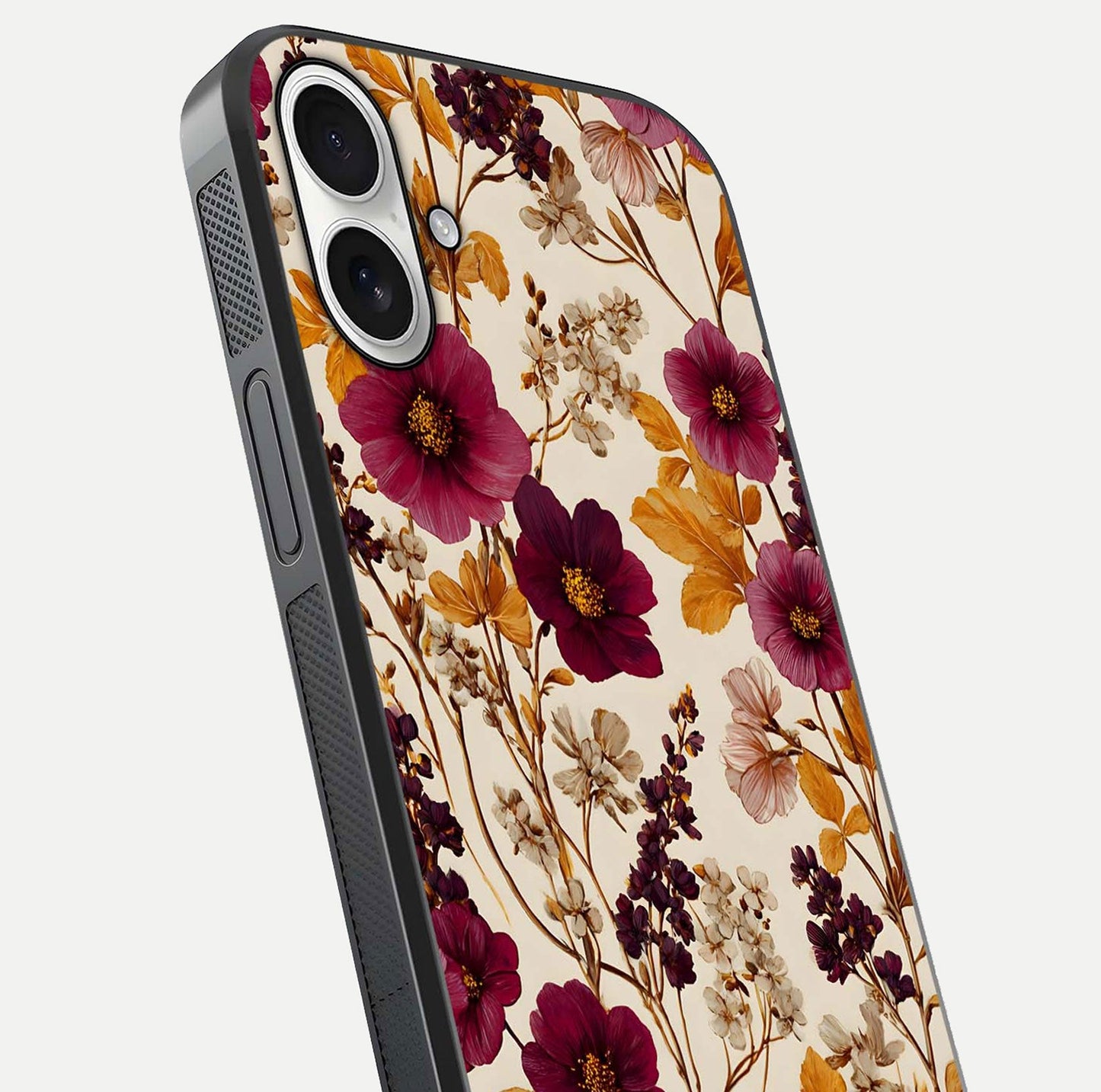 Autumn Wine Bloom Glass Case for iPhone 17 close-up highlighting petal detail and gloss reflection