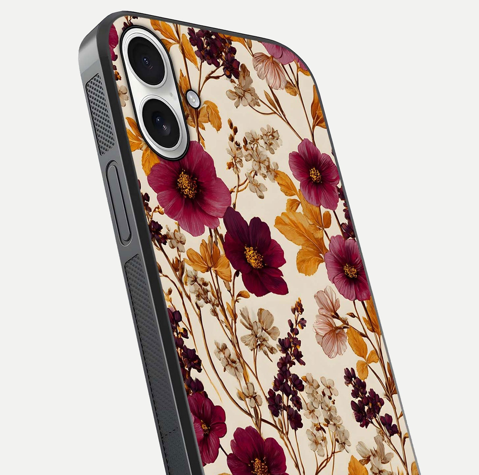 Autumn Wine Bloom Glass Case for iPhone 17 close-up highlighting petal detail and gloss reflection