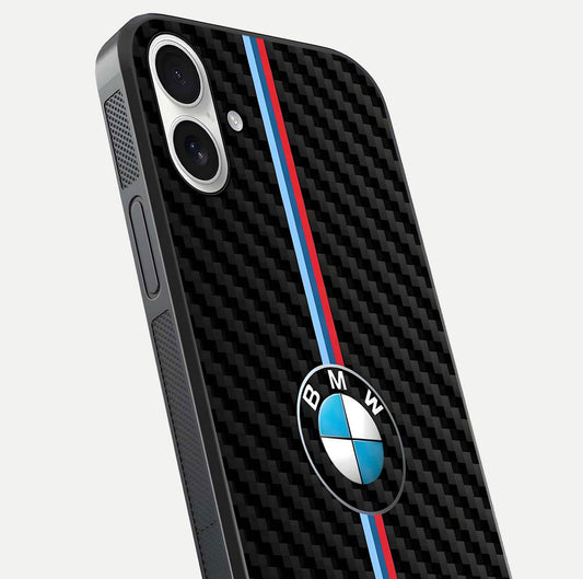BMW Pattern Glass Case for iPhone 17 close-up angle showing BMW logo detailing and high-reflect gloss texture