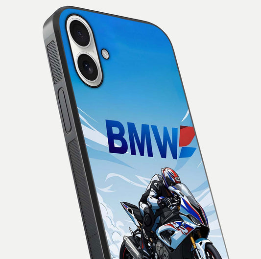BMW Power Drift Glass Case for iPhone 17 close-up view highlighting motion streaks and gloss shine