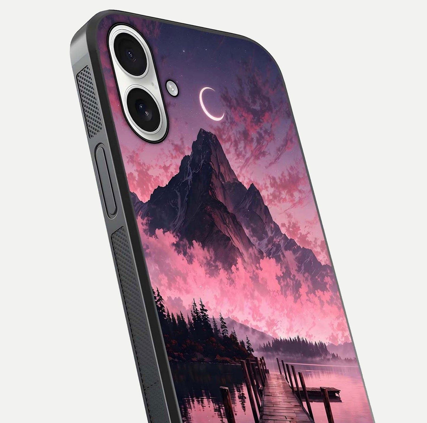 Beautyful Mountain View Glass Case for iPhone 17 close-up angle highlighting landscape details and shine