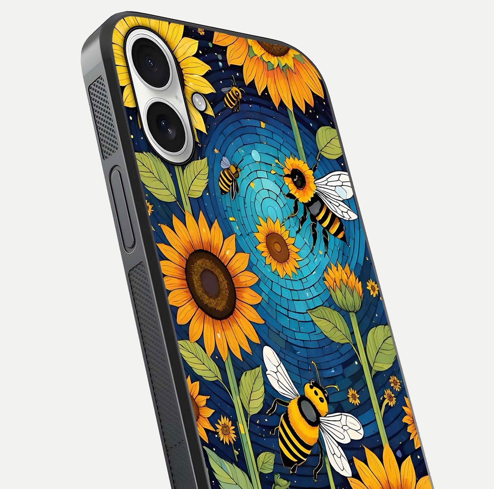 Bees & Sunflowers Glass Case for iPhone 17 close-up angled shot showing detailed petals, bee prints, and glass reflection