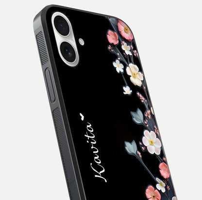 Black Elegance Floral Custom Name Glass Case for iPhone 17 close-up shot showing rose detailing and elegant reflection