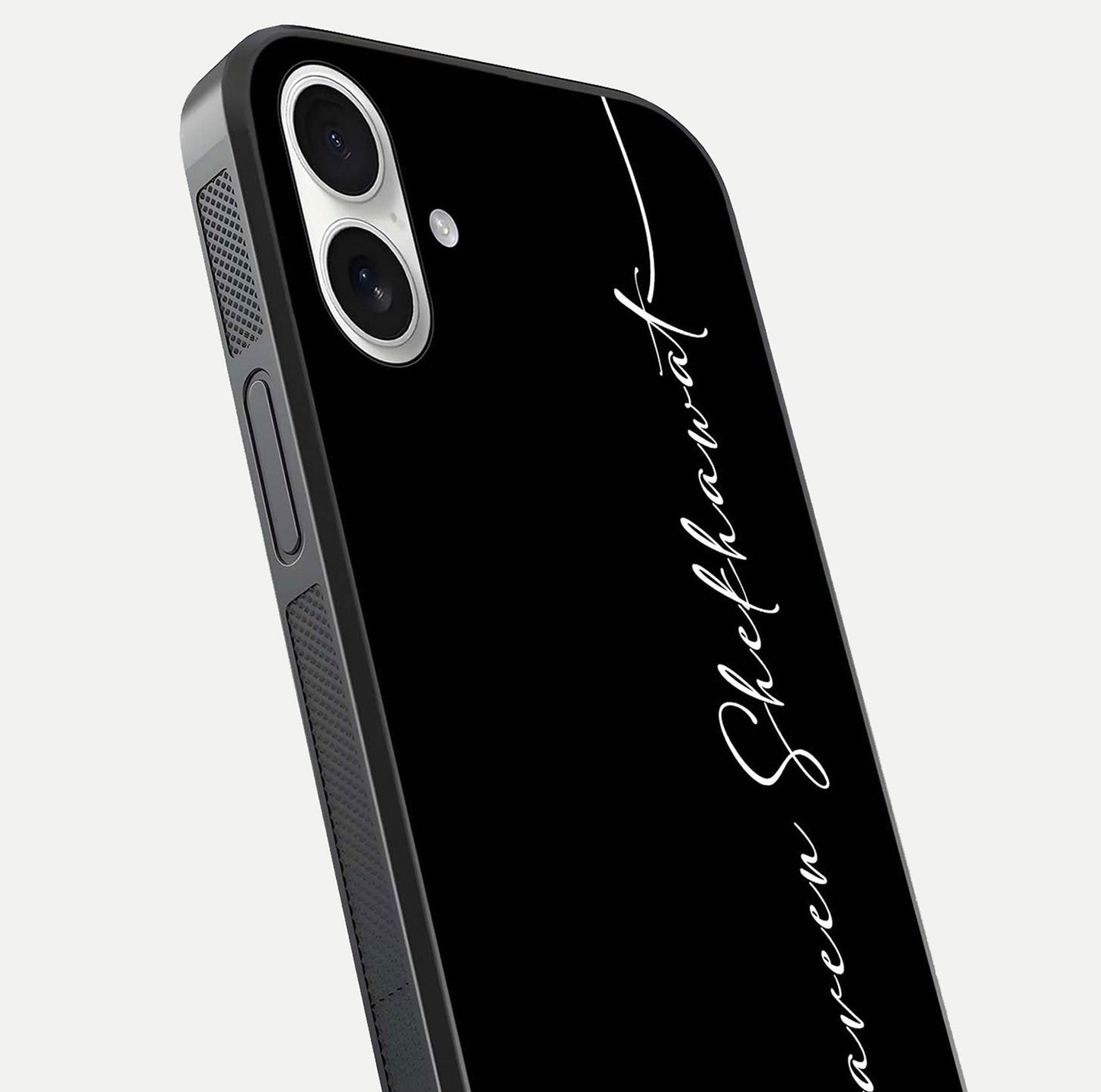 Black Tune Custom Name Glass Case for iPhone 17 close-up shot highlighting sleek monochrome design and reflection