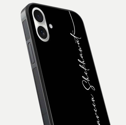 Black Tune Custom Name Glass Case for iPhone 17 close-up shot highlighting sleek monochrome design and reflection